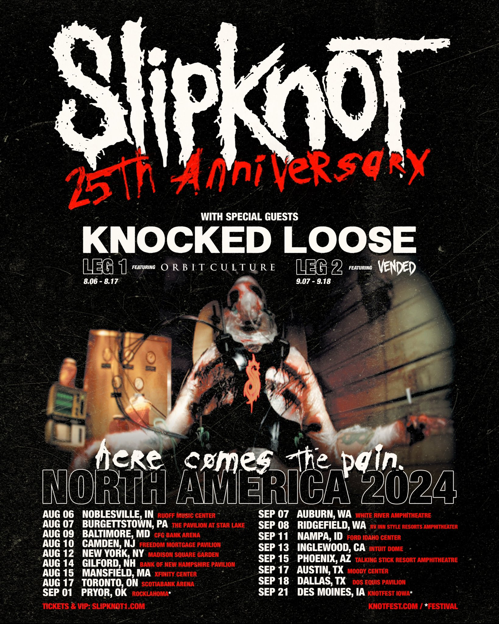 Slipknot Announce 25th Anniverary "Here Comes The Pain" North American Tour Featuring Knocked Loose, Orbit Culture and Vended